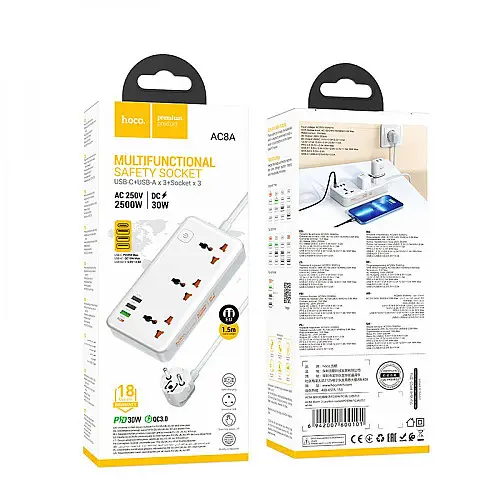Удлинитель мережевий Hoco AC8A Багатофункціональний 3USB 1Type-C,PD 18W 3.4A 1.5m Білий