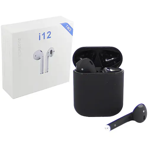 Бездротові блютуз навушники i12 TWS з боксом для зарядки Black (au060-hbr)