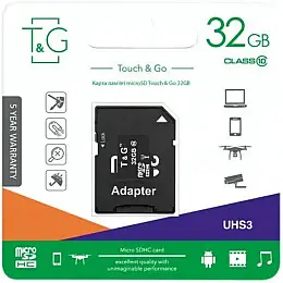 Карта памяти с адаптером T&G Micro SDHC 32gb UHS-3 Class 10 Черный
