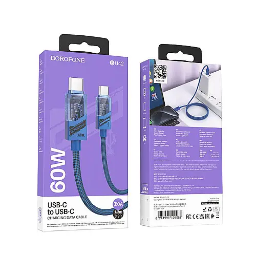Кабель для зарядки та обміну даними Borofone BU42 Octavia 60W 3A/20V Type-C to Type-C 1.2 м Синій