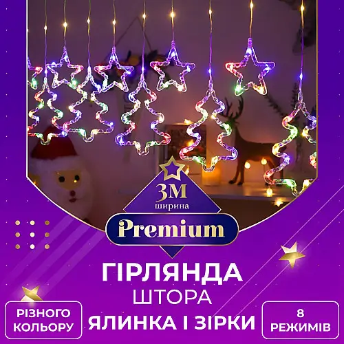 Гирлянда-штора Lugi Звезды и елки размер 3*0,9м 10 фигур мультиколор (1733069ML)
