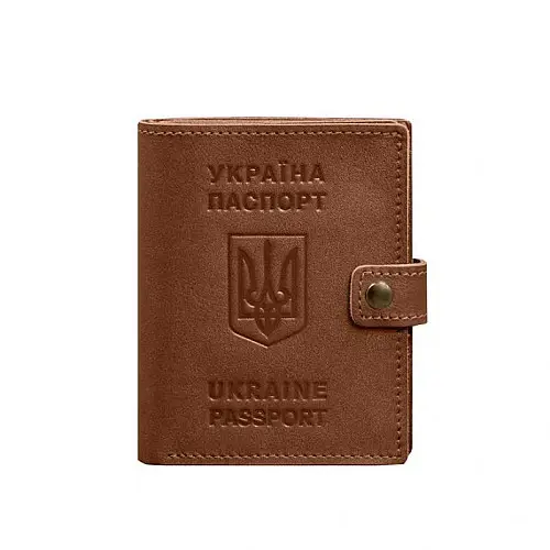 Кожана обкладинка-портмоне на паспорт з гербом України BlankNote 25.1 Світло-коричнева