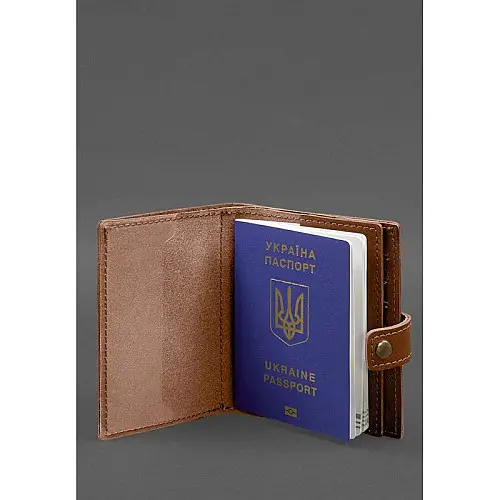 Кожана обкладинка-портмоне на паспорт з гербом України BlankNote 25.1 Світло-коричнева