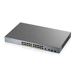 Комутатор для відеоспостереження ZYXEL GS1350-26HP (GS1350-26HP-EU0101F) (24xGE PoE+, 2xGE/SFP, PoE макс 375W, NebulaFlex Pro, живлення до 250м, автоперезавантаження PoE-портів, L2)