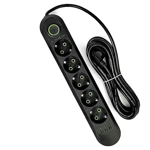 Удлинитель-переноска UA Power 6 м 5 розеток 3 USB F05U Черный