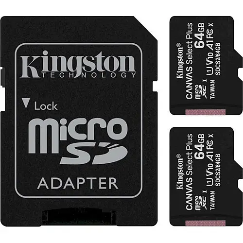 Карта памяти MicroSDXC 2x64GB UHS-I Class 10 Kingston Canvas Select Plus R100MB/s SD-адаптер (SDCS2/64GB-2P1A)