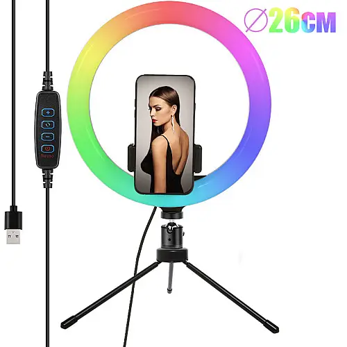 Светодиодная кольцевая лампа с мини штативом MJ26 RGB диаметром 26см