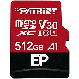 Карта пам'яті MicroSDXC 512GB UHS-I/U3 Class 10 Patriot EP A1 R90/W80MB/s SD-адаптер (PEF512GEP31MCX)