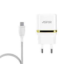 Сетевий зарядний пристрій для Aspor A828 Eco 2USB/2.4A + кабель USB – Type-C - білий