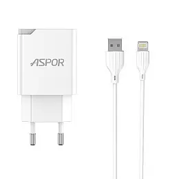 Сетеве зарядний пристрій Aspor A826 PD (20W/USB/Type-C) + кабель USB – Lightning - білий
