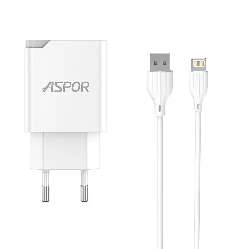 Сетеве зарядний пристрій Aspor A826 PD (20W/USB/Type-C) + кабель USB – Lightning - білий