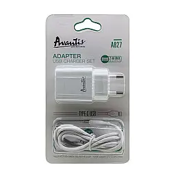 Сетеве зарядний пристрій Avantis A827 (1USB/2,4A) + USB кабель Type-C-білий