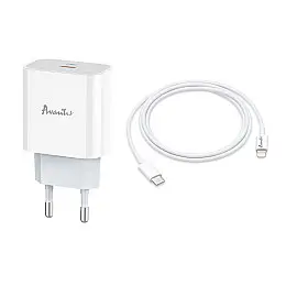 Сетевий зарядний пристрій Avantis A838 Plus QC3.0 (PD 20W) + Кабель Type-C – Lightning - білий
