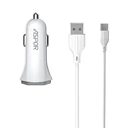 Автомобільне зарядне пристрій Aspor A901 (QC3.0/18W) LED + USB кабель Type-C - білий