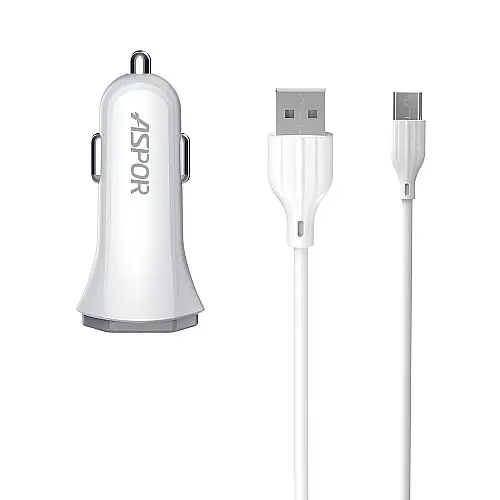 Автомобільне зарядне пристрій Aspor A901 (QC3.0/18W) LED + USB кабель Type-C - білий