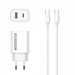 Сетеве зарядне пристрій Aspor A806 Fast Charger (USB/USB-C/3A/33W) + кабель Type-C - Type-C - білий