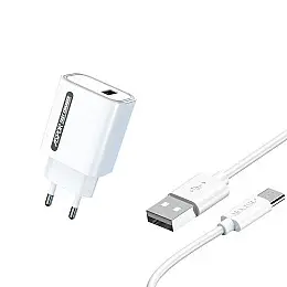 Сетеве зарядний пристрій Aspor A803 (USB/18W) + USB кабель Type-C - білий