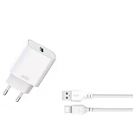 Комплект зарядного пристрою XO L103 1USB/3A Mode2.4A AFC Samsung Q3.0/2.0 та FCP Huawei 18W USB/Type C Білий