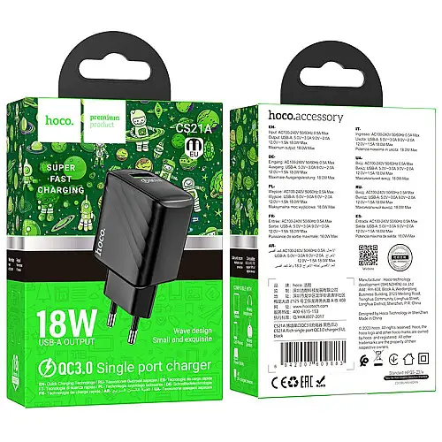 Сетевое зарядное устройство Hoco CS21A 1USB QC 18W Quick Charge 3.0 Black