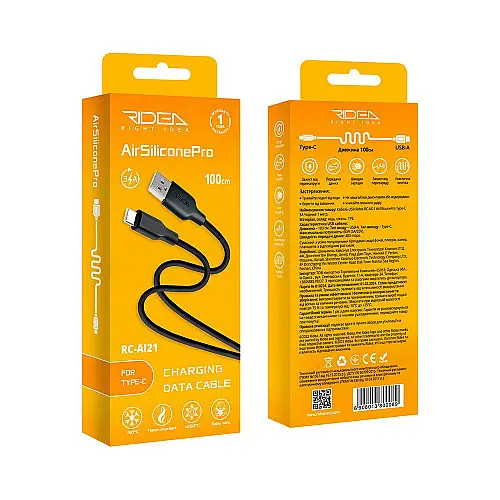 Кабель для зарядки и обмена данными USB Ridea RC-AI21 AirSiliconePro 60W 20V/3A USB-Type C 1 м Черный