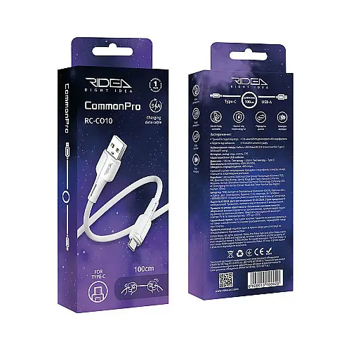 Кабель для зарядки та обміну даними USB Ridea RC-CO10 CommonPro 60W 20V/3A USB-Type C 1 м Білий