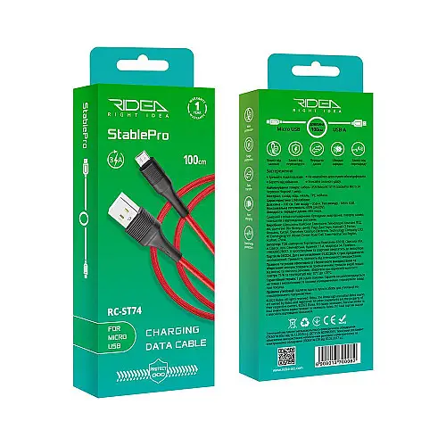 Кабель для зарядки и обмена данными USB Ridea RC-ST74 StablePro 60W 20V/3A USB-МicroUSB 1 м Красно-черный
