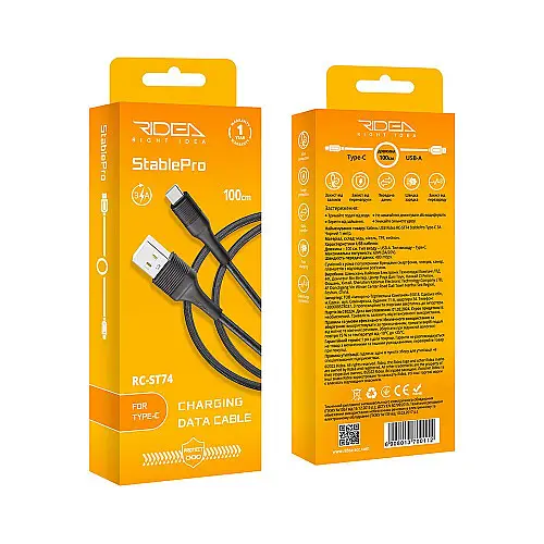 Кабель для зарядки и обмена данными USB Ridea RC-ST74 StablePro 60W 20V/3A USB-Type C 1 м Черный