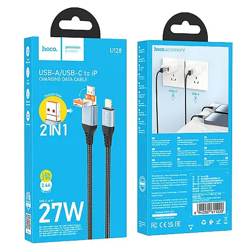 Кабель для зарядки та передачі даних USB Hoco U128 Viking 2in1 3A/60W USB-Type-C to Lightning 1.2 м Чорний