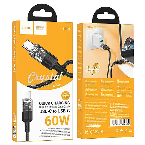 Кабель для зарядки та передачі даних USB Hoco U129 Spirit PD 60W 20 В / 3 А Type-C to Type-C 1.2 м Black