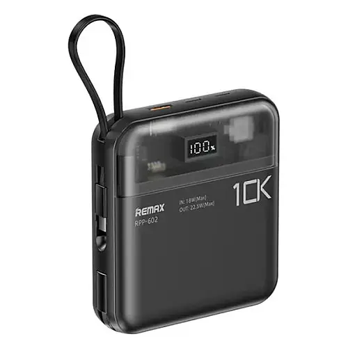 Міні-повербанк з кабелем 10000 мАг PD 20W QC 22.5W Remax RPP-602 Чорний