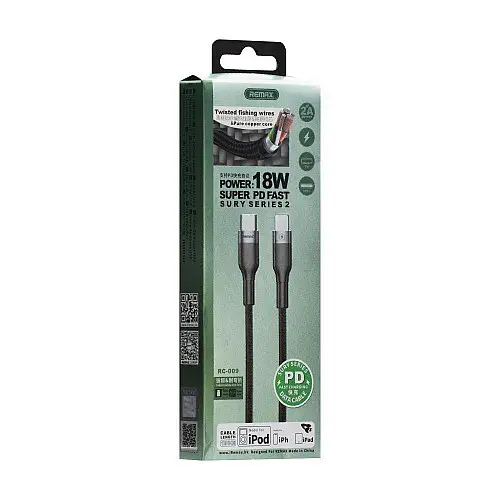 Кабель для зарядки та передачі даних Remax RC-009i Sury Series 2 18W Type C-Lightning 2A 1 м Black