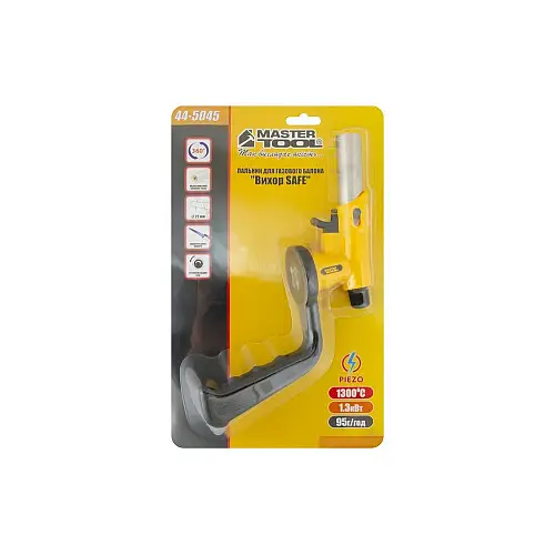 Горелка для газового баллона MASTERTOOL GM Вихрь SAFE пьезоподжиг Ø22 мм/1300°С з ручкою (44-5045)