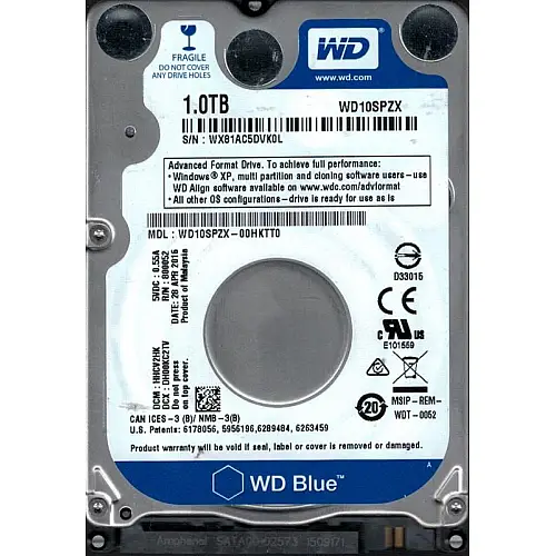 Накопичувач HDD 2.5" SATA 1.0TB WD Blue 5400rpm 128MB (WD10SPZX) - Відновлений