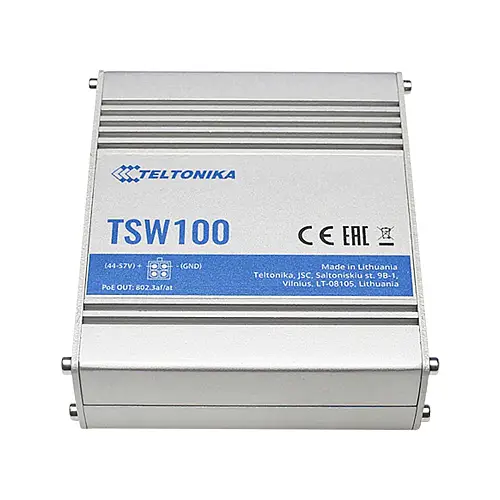 Комутатор Teltonika TSW100 (TSW100000000) (промисловий, некерований, 4xGE PoE, 1xGE, IP30, алюмінієвий корпус, 4-контактний DC, макс. PoE 120W)