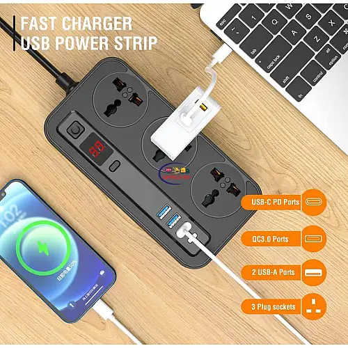 Сетевий фільтр-удлинитель Aspor A505 PD (3USB/USB-C/3A/20W/2м) - чорний