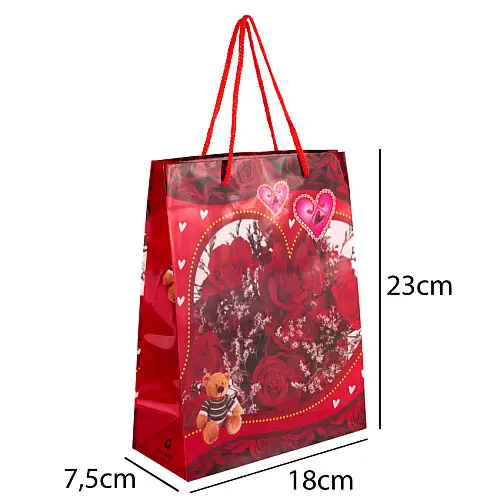 Сумочка подарочная пластиковая с ручками Gift bag Сердца и розы 23х18х7.5 см Красный (13951)
