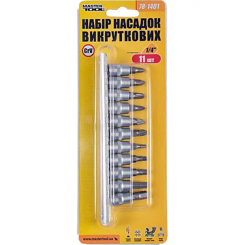 Набір насадок викруток MASTERTOOL CRV 1/4" 11 шт PH1/2/3/PZ1/2/3/H3/4/5/6/7 (78-1401)