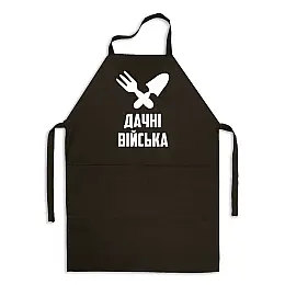 Фартук чорний кухонний з принтом для дачника "Дачні війська. Перехрещені Лопатка і Граблі" ФА000767 Кавун