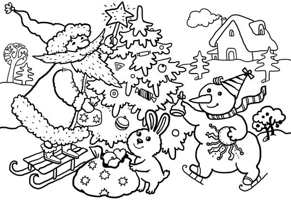 картинка розмальовки новорічні ялинки з подарунками